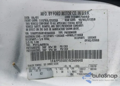 2001 Ford Taurus Ses z USA, uszkodzony, nr VIN 1FAFP55U81G260448